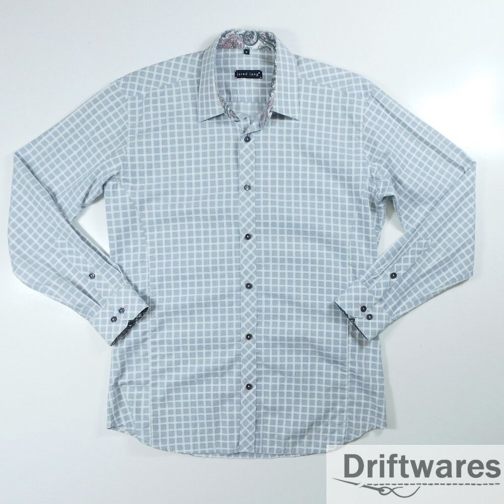 JARED LANG Mens Medium Gray Check Plaid Paisley Flip Cuff Button Shirt